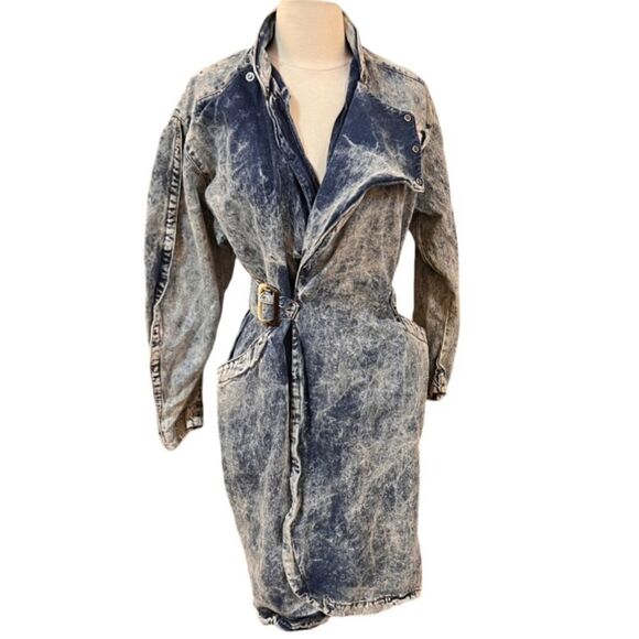 Vintage 1980s / 1990s Stone Wash Asymmetric Cinch Waist Tie Belt Wrap Jean Dress - Picture 1 of 14